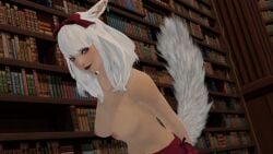 1girls 3d 4k blender blender_(software) blender_cycles blue_eyes breasts breasts_out cat_ears cat_tail final_fantasy_xiv highres kemonomimi miqo'te smile solo solo_focus tail topless white_hair white_tail