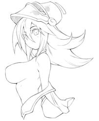 areola_slip areolae bare_shoulders blush boots breasts dark_magician_girl female hair hat headgear large_breasts long_hair magical_girl metata monochrome solo topless yu-gi-oh! yuu-gi-ou_duel_monsters