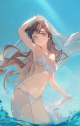 absurdres arm_up armpits bikini blue_sky breasts brown_hair chinese_commentary cleavage collarbone commentary cowboy_shot female frilled_bikini frills highres holding holding_clothes in_water long_hair looking_at_viewer looking_down medium_breasts meitantei_conan mouri_ran navel nzk parted_hair purple_eyes rainbow sky smile solo splashing stomach swimsuit underboob unworn_clothes veil very_long_hair wading water wavy_hair white_bikini