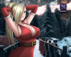 big_breasts blonde_hair blue_eyes breasts christmas christmas_clothing christmas_outfit cleavage dress female female_only ino_yamanaka kr4ken large_breasts long_hair naruto naruto_(series) naruto_shippuden no_bra ponytail solo voluptuous