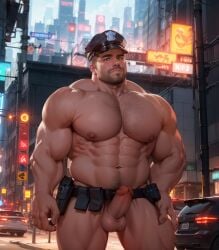 1boy 1human 1male 2d 2d_(artwork) a_bear_cop ai_generated cop male_solo muscular_male naked naked_male nude nude_male police police_hat police_officer policeman public public_indecency public_nudity solo solo_male thick_penis