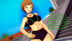 1girls 3d abs atlus clothing dialogue female human muscular_female pale_skin persona persona_4 satonaka_chie short_hair sports_bra sportswear text that_naoto_guy tomboy