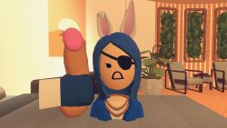 bed blowjob blue_hair bluenky_(rec_room) bunny_ears demithefemboy05 female rec_room rec_room_avatar sucking surprised surprised_expression