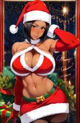 ai_generated bleach breasts brown_eyes chin_length_hair christmas christmas_outfit cleavage dark-skinned_female dark_hair female full_lips gloves hat jackie_tristan merry_christmas midriff navel pantyhose sack santa santa_costume santa_hat skirt solo stable_diffusion straight_hair tall_female thighhighs unstable_diffusion