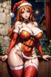 1girls ahoge ai_generated big_breasts blue_eyes breasts brown_eyes christmas christmas_clothing christmas_outfit cleavage curvaceous curvy curvy_body curvy_female curvy_figure female female_only huge_breasts long_hair nami nami_(one_piece) navel one_piece orange_hair post-timeskip small_waist supr3metr thighhighs thighs xmas