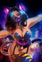 akidearest asian_female curvy cyberpunk eyebrow_piercing female looking_at_viewer mask multicolored_hair solo_female tail thick_thighs thighhighs