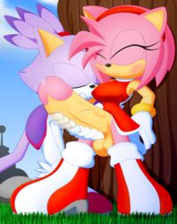 amy_rose anthro balls blaze_the_cat erection female_on_futa furry futanari handjob huge_balls huge_cock intersex penis sega slickehedge slk sonic_(series)