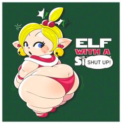 1girls ass bbw bells belly blonde_hair blue_eyes breasts christmas chubby earrings elf elf_ears elf_female elf_on_the_shelf english_text fat female female_focus female_only large_ass large_belly large_breasts looking_back mii miitopia mintrimo nintendo panties shortstack stomach text thick_thighs thighs underwear wardrobe_malfunction