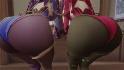 2girls 3d animated ass ass-to-ass ass_focus ass_press clone female_only from_behind genshin_impact hair_ornament huge_ass jiggle kishi leaning leaning_forward leotard long_hair mona_(genshin_impact) multiple_girls pantyhose purple_hair tagme thighlet twintails very_long_hair video