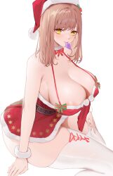 1girls bare_shoulders biting blush bow brown_hair christmas christmas_hat christmas_outfit cleavage collarbone condom condom_in_mouth condom_wrapper covered_nipples dress emma_(color_me_red)_(nikke) emma_(nikke) eyebrows_visible_through_hair goddess_of_victory:_nikke green_eyes hat highres huge_breasts long_hair looking_at_viewer red_dress simple_background sitting sleeveless solo solo_female thigh_boots thighhighs white_background wrist_cuffs zhudouzi