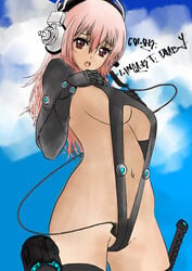 breasts cosplay female gantz gantz_(cosplay) headphones large_breasts nitroplus pink_hair red_eyes smile solo super_sonico