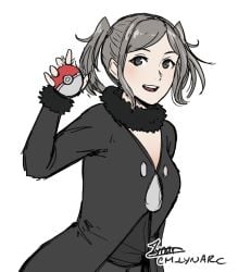 1girls alternate_costume artist_name cm_lynarc coat company_name cosplay crossover cynthia_(fire_emblem) cynthia_(pokemon)_(cosplay) female female_only fire_emblem fire_emblem_awakening fur-trimmed_coat fur_trim grey_eyes grey_hair highres holding holding_poke_ball long_sleeves looking_at_viewer name_connection nintendo poke_ball pokemon pokemon_dppt signature smile solo white_background