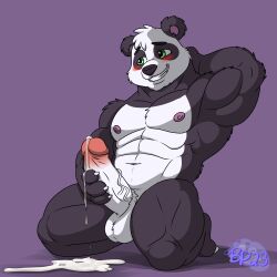 1:1 anthro balls bear big_penis biped black_body black_fur bluepawpanda blush bodily_fluids claws cum erection eyebrows fur genital_fluids genitals giant_panda glans green_eyes hi_res humanoid_genitalia humanoid_penis male mammal muscular muscular_anthro muscular_male penis smile solo vein veiny_penis