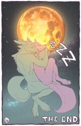 after_sex after_transformation anthro border canid canine circumjacentity comic cuddling digital_media_(artwork) duo end_page female flat_colors hi_res male male/female mammal moon page_16 page_number sky sleeping sound_effects star starry_sky text vowelless vowelless_sound_effect were werecanid werecanine werewolf zzz