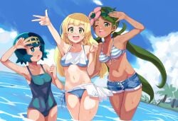 3girls bikini blonde_hair blue_eyes blue_hair chocolate_and_vanilla dark-skinned_female female female_only green_eyes green_hair katsuto lana_(pokemon) light-skinned_female lillie_(pokemon) long_hair looking_at_viewer mallow_(pokemon) mob_face multiple_girls one-piece_swimsuit pokemon pokemon_(anime) pokemon_sm pokemon_sm_(anime) short_hair shorts swimsuit tagme trial_captain tummy water