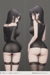 ai_generated ass black_hair blue_eyes looking_back looking_back_at_viewer ooking_at_viewer revealing_clothes see_through see_through_clothing shoulders skin_tight skin_tight_outfit skinny small_breasts stable_diffusion thighhighs thighs