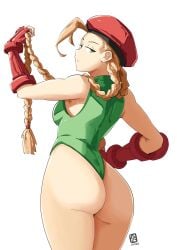 1girls ass ass_focus automatic_giraffe blonde_female blonde_hair blonde_hair_female bubble_ass bubble_butt butt_crack cammy_white capcom female hand_on_hip leotard looking_back looking_back_at_viewer simple_background solo solo_female street_fighter street_fighter_v white_background