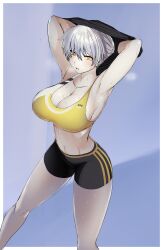 2023 absurdres armpits arms_up breasts breath cleavage clothes_lift collarbone english_commentary female highres jeaike_art large_breasts lavender_background lips long_bangs looking_to_the_side marvelous miyabi_(senran_kagura) parted_lips senran_kagura shirt_lift shorts simple_background sports_bra standing steam stomach sweat tomboy undressing white_hair yellow_eyes yellow_sports_bra