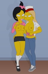 accurate_art_style big_breasts breasts female female_only human kumiko_nakamura looking_at_viewer matt_groening_(style) multiple_females nipples official_style sfan standing tagme tease the_simpsons uncensored undressing yuri