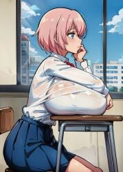 1girls ai_generated arm_support big_breasts blue_eyes breast_rest breasts breasts_bigger_than_head breasts_on_table classroom gigantic_breasts hand_on_chin huge_breasts hyper_breasts indoors inside large_breasts looking_away massive_breasts opal_(tampopo) pink_hair pleated_skirt profile red_bow school_girl school_uniform schoolgirl short_hair side_view sitting stable_diffusion tampopo white_shirt window