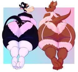 absurd_res anthro anthro_only ass bedroom_eyes big_butt boolishclara bovid bovine breasts cattle clarabelle_cow clothing disney duo feet female hi_res huge_butt kanga kangaroo legwear lingerie macropod mammal marsupial narrowed_eyes pose public_domain seductive stockings thick_thighs winnie_the_pooh_(franchise)