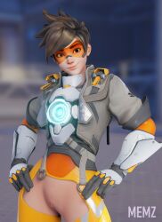 1girls 3d blurry_background bottomless googles looking_at_viewer memz3d overwatch overwatch_2 pussy solo standing tomboy tracer