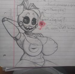 1girls animatronic animatronic_female chicken chicken_girl female five_nights_at_freddy's five_nights_at_freddy's_2 ghosthaunted142 heart-shaped_pupils huge_breasts nipples paper robot robot_girl robot_humanoid scottgames sketch sketch_page toy_chica_(fnaf)