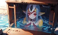 1girls ai_generated blue_submarine_no._6 breasts colored_skin cute female fish fish_girl fish_humanoid grey_hair humanoid hybrid long_hair marine monster_girl multicolored_skin mutio pointy_ears red_eyes silver_hair white_skin yellow_skin