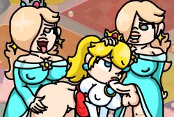 1girls 2futas all_fours anal anal_sex big_breasts biting_lip blonde_hair blowjob blue_eyes clothed clothing crown cyan_eyes double_cherry fellatio fire_flower futanari gangbang grope groping groping_ass heart-shaped_pupils holding_head legokoopa_(artist) mario_(series) princess_peach princess_rosalina self_upload spitroast sucking_penis super_mario_3d_world thick_thighs