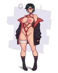 2023 bandage big_areolae black_hair boruto:_two_blue_vortex breasts choker female female_focus female_only full_body glands_of_montgomery glasses harness jakuson_z large_breasts naruto nipples open_clothes pout pubic_hair pussy sarada_uchiha short_hair skindentation standing white_background