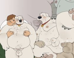 2023 20th_century_fox anal anthro balls belly big_belly black_nose blush bodily_fluids brian_griffin canid canine canis domestic_dog duo erection family_guy fat fat_man fur gay genitals groping_from_behind group group_sex human human_on_anthro interspecies kemono male male/male male_only mammal moob_grab moobs multiple_boys nipples obese obese_male oral overweight overweight_male penis peter_griffin qqmelon888 sex sweat white_body white_fur