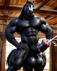 1boy ai_generated anthro cum cumshot equid equine equine_genitalia equine_penis horse horsecock huge_balls huge_cock lonely_man monster_cock muscular_anthro