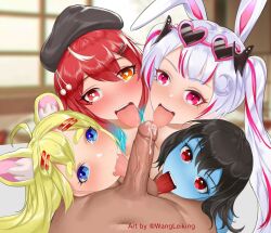 1boy 4girls ahoge alice_alucard aya_yoki balls_licking black_eyebrows black_hair blonde_eyebrows blonde_hair blue-skinned_female blue_eyes blue_hair blue_skin blush blushing blushing_at_viewer bunny bunny_ears bunny_girl crescent_moon cum cumming dark-skinned_male dark_skin dick_lick dick_licking eleanora_yasaka english_text eyebrows eyelashes fangs hair_ornament hat head_on_thighs headwear indie_virtual_youtuber indoors inside licking licking_penis light-skinned_female light_skin long_hair looking_at_viewer moon_hair_ornament multicolored_hair orange_eyes pink_eyes pink_hair pink_nipples rabbit rabbit_ears rabbit_girl rat rat_ears rat_girl red_eyebrows red_eyes red_hair red_text rune_bunnura short_hair teeth text thick_eyebrows tongue tongue_on_penis tongue_out twitter_username vein veins veiny_penis virtual_youtuber vtuber wang_leiking_(artist) white_eyebrows white_hair