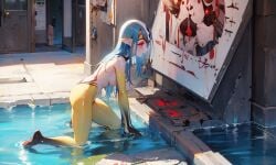 1girls ai_generated blue_submarine_no._6 breasts colored_skin cute female grey_hair humanoid hybrid long_hair marine medium_breasts monster_girl multicolored_skin mutio nude nude_female pointy_ears red_eyes silver_hair webbed_hands white_skin yellow_skin