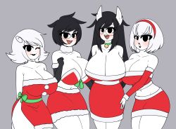 4girls black_hair choker cleavage collar_with_bell dog_ears glasses homestuck jade_harley jane_crocker large_breasts lipstick multiple_girls phasmomo rose_lalonde roxy_lalonde santa_costume white_hair