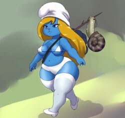 1girls anthro ass bikini bikini_top blonde_hair blue_body blue_eyes blue_skin breasts feline feline_humanoid female female_focus female_only furry heels hips large_ass meme meme_reference mr-shin shalushai smurf smurf_cat smurfette snail stockings the_smurfs thick_thighs thighs we_live_we_love_we_lie wide_hips