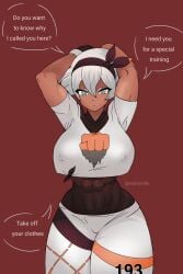 abs alternate_breast_size bea_(pokemon) big_breasts breasts brown_skin dark-skinned_female dark_skin female_focus female_human female_only gray_eyes gray_hair large_breasts malvanilla muscular muscular_female nsfw pokemon pokemon_ss pokemon_trainer suggestive suggestive_dialogue suggestive_look suggestive_pose tomboy