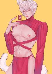 1boy alternate_costume animal_ears big_pecs cat_ears cat_tail crossdressing earrings evolved_virgin_killer_sweater gintama gintoki_sakata hoop_earrings kemonomimi loincloth male male_only multi_ear muscular nail_polish navel_piercing nipple_piercing nipple_rings nowanor one_eye_closed pecs red_eyes red_nails shrug_(clothing) solo sweater toned toned_male twunk white_hair yellow_background