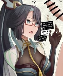 1boy 1girls 2024 aether_(genshin_impact) black_hair censored english_text eroborne genshin_impact glasses gloves hi_res hypnosis light-skinned_female light_skin long_hair mihoyo mind_control open_mouth question_mark simple_background tagme text xianyun_(genshin_impact)