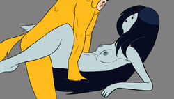 adventure_time areola biting_lip black_hair blush breasts costume eye_contact female finn_the_human grey_background group group_sex hair human jake_the_dog long_hair male mammal marceline nipples penetration sandyrex sex simple_background vampire