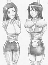 2girls black_and_white bondage dc dc_comics gag gagged megan_morse miss_martian monochrome snowking68 straight_hair superheroine tape_bondage tape_gag young_justice zatanna zatanna_zatara