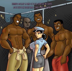 asian big_breasts big_penis breasts bulge clyde_(big_3_gang) cop coxville_stories dark-skinned_male dark_skin english_text female interracial jamarcus_(big_3_gang) jenifer_lee john_persons male muscular_male penis policewoman rabies-t-lagomorph text yellow-skinned_asian yellow_asian