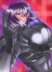 bodysuit breasts commentary_request female fingerless_gloves ghost_in_the_shell ghost_in_the_shell_stand_alone_complex gloves gun hamon_ai kusanagi_motoko large_breasts lowres purple_hair red_eyes seburo_m5 short_hair solo weapon