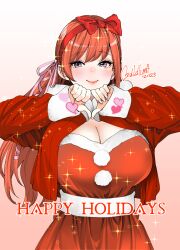 1girls big_breasts breasts christmas cleavage eyebrows_visible_through_hair final_fantasy final_fantasy_xiv hair_ribbon heart long_hair ooshima_ryou orange_hair ribbon ryne_waters solo solo_female solo_focus sparkles square_enix