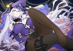 1girls arm_belt belt black_swan_(honkai:_star_rail) covered_navel dress feet female gloves honkai:_star_rail hoyoverse long_hair looking_at_viewer lying on_back purple_dress purple_eyes purple_gloves purple_veil solo thigh_belt thigh_strap toes white_hair