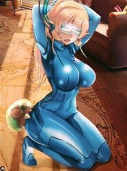 arms_behind_head artist_name assault_visor blonde_hair blue_bodysuit bodysuit breasts cleavage commission cosplay couch crossed_bangs dawapat english_commentary english_text female female_focus femsub forced_orgasm fully_clothed hair_between_eyes impossible_bodysuit impossible_clothes indoors kneeling large_breasts long_hair nakiri_erina open_mouth paid_reward_available purple_eyes samus_aran samus_aran_(cosplay) shiny_clothes shokugeki_no_souma tight_clothing variant_set zero_suit
