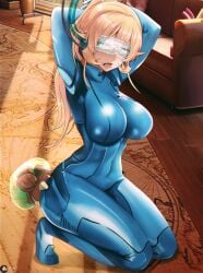 arms_behind_head artist_name assault_visor blonde_hair blue_bodysuit bodysuit breasts cleavage commission cosplay couch crossed_bangs dawapat english_commentary english_text female female_focus femsub forced_orgasm fully_clothed hair_between_eyes impossible_bodysuit impossible_clothes indoors kneeling large_breasts long_hair metroid nakiri_erina open_mouth paid_reward_available purple_eyes samus_aran samus_aran_(cosplay) shiny_clothes shokugeki_no_souma tight_clothing variant_set zero_suit