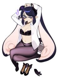 ! black_bra black_nails bow bow_bra bra callie_(splatoon) cleavage female halphelt inkling inkling_girl nail_polish navel office_lady painted_nails panties panties_under_pantyhose pantyhose pointy_ears splatoon splatoon_(series) tagme tentacle_hair underwear white_background