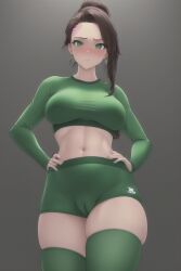 abs ai_generated blush blush breasts cameltoe embarrassed green_outfit gym_clothes looking_at_viewer looking_down looking_down_at_viewer mature mature_female see_through see_through_clothing skin_tight skin_tight_outfit sportswear stable_diffusion thick_thighs