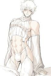 abs alternate_costume arm_warmers blush bulge crossdressing detached_sleeves gintama gintoki_sakata looking_at_viewer male male_only manly_crossdresser meme_attire muscular muscular_male nipple_bulge pale-skinned_male pale_skin solo stockings suspenders sweater thighhighs turtleneck virgin_destroyer_sweater white_hair white_legwear yuzhoufeitian